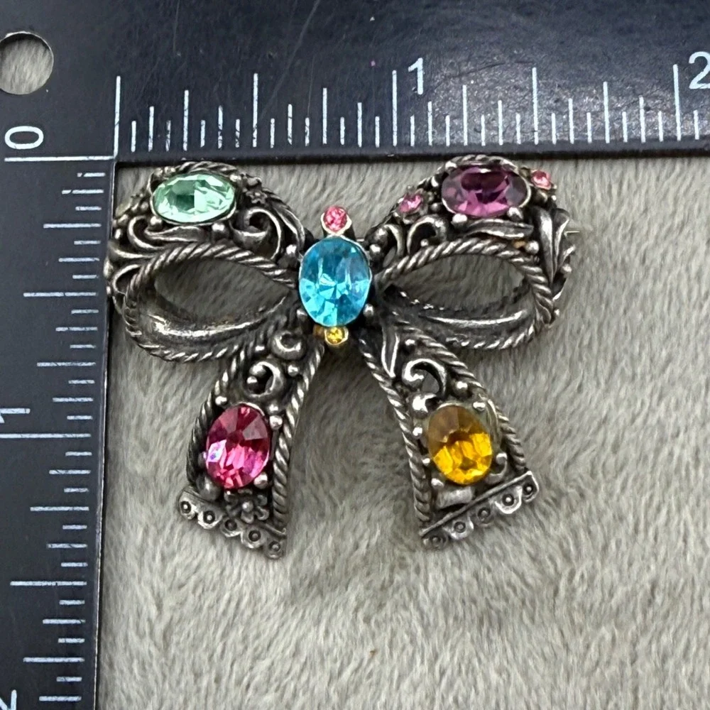 Vintage‎ Pot Metal Bow Brooch Pastel Fruit Salad Rhinestone READ